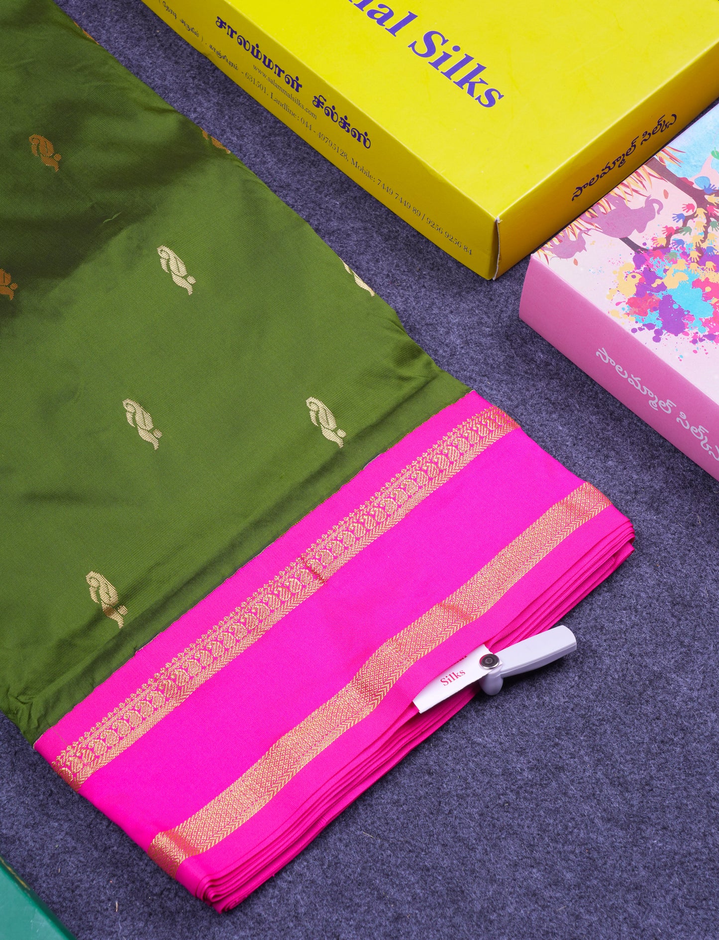 9.5 Yards Semi Silk Saree Army Green with Contrast Pink Traditional Rettapet Border