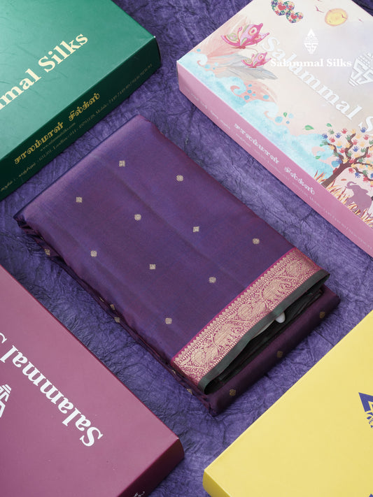 Violet Beautiful Small Buttas Pure Kanjivaram Silk Saree Pure Zari with Traditional Small Magenta Border