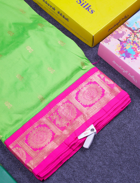 11 Yards Semi Silk Saree Parrot Green with Contrast Pink Traditional Border