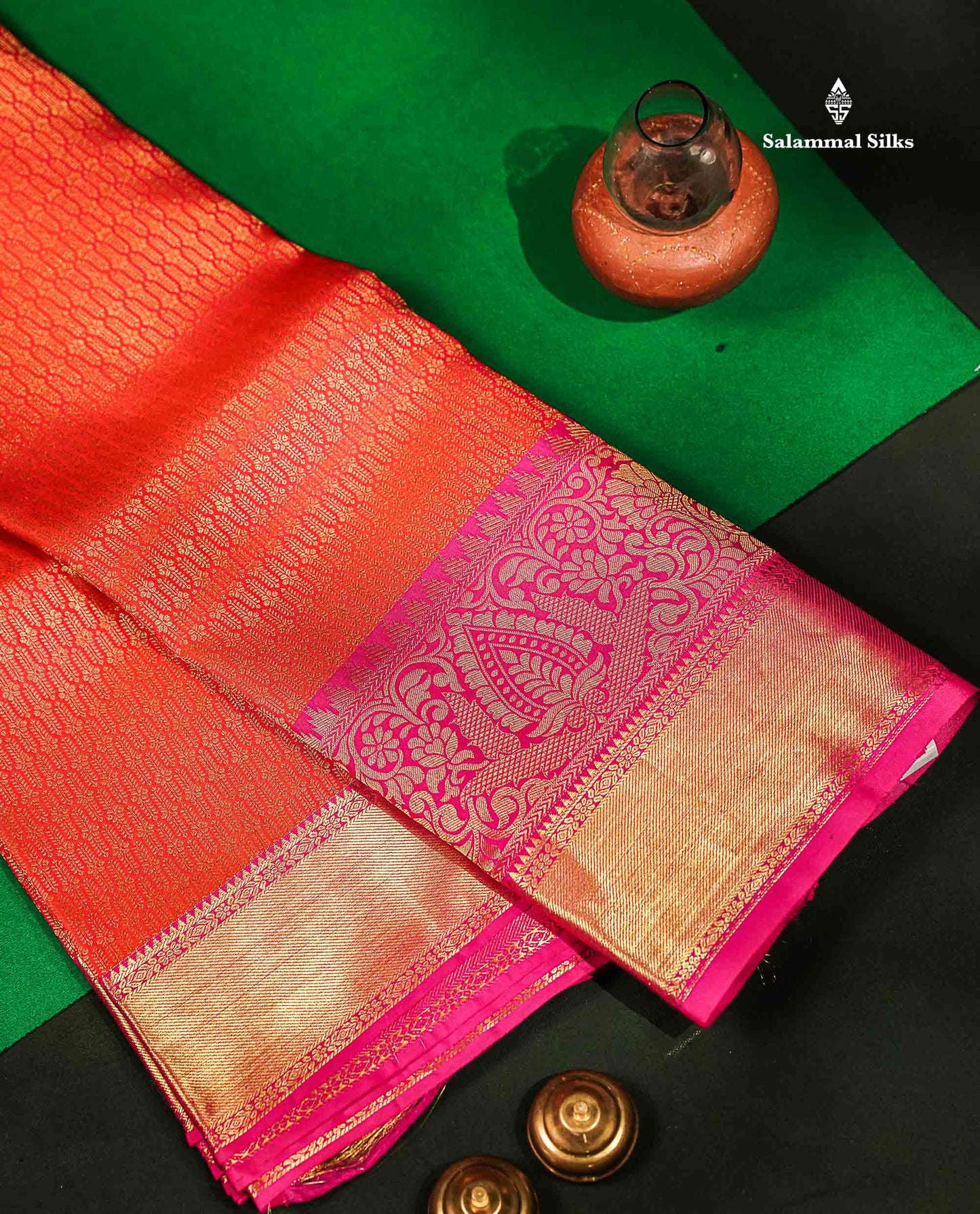 Beautiful Dual Tone Pinkish Orange Bridal Pure Kanjivaram Silk Saree With Contrast Magenta Pink Traditional Evening Morning Border
