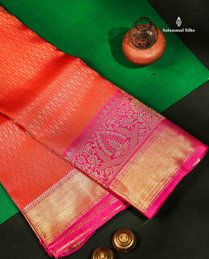 Beautiful Dual Tone Pinkish Orange Bridal Pure Kanjivaram Silk Saree With Contrast Magenta Pink Traditional Evening Morning Border