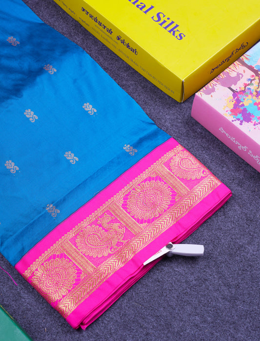 9.5 Yards Semi Silk Saree Ramar Blue with Contrast Pink Traditional Border