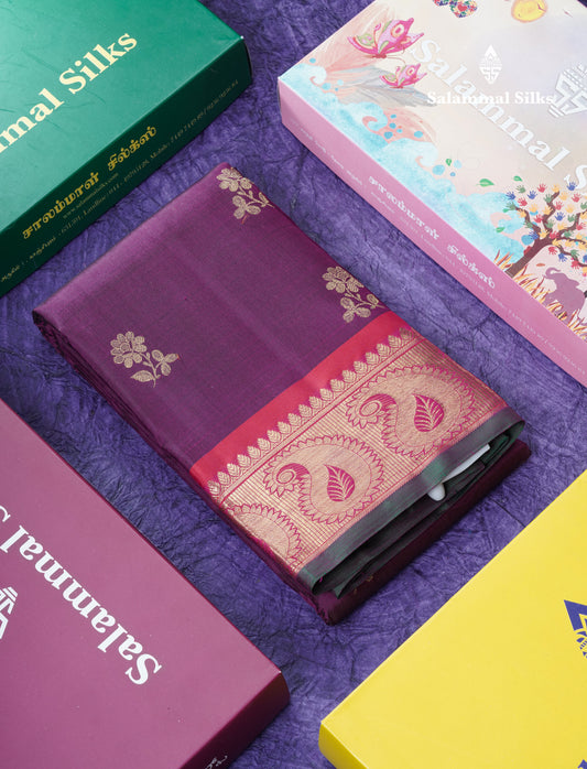 Dark Purple Flower Buttas Pure Kanjivaram Silk Saree Pure Zari with Magenta Border