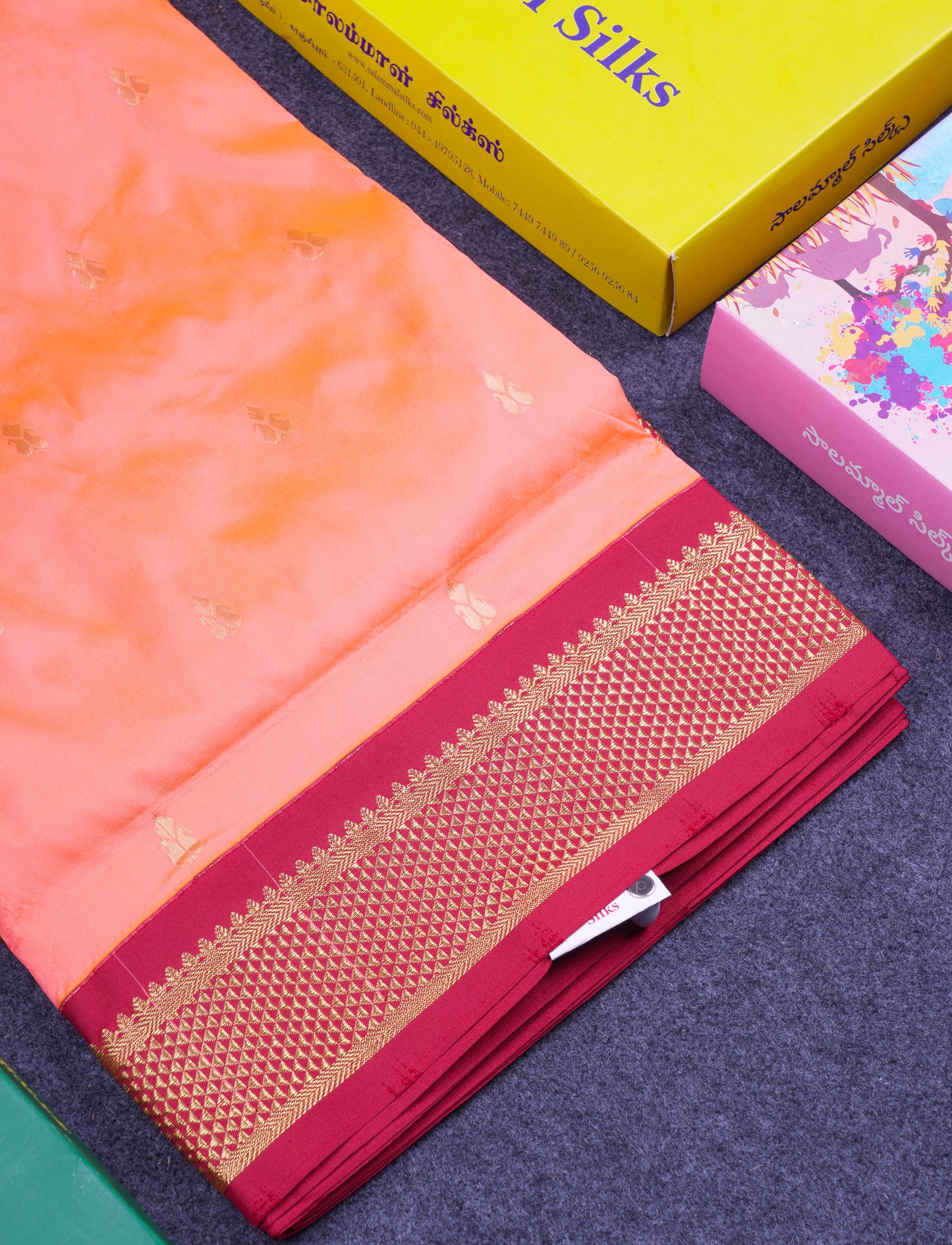 11 Yards Semi Silk Saree Pinkish Peach with Contrast Maroon Traditional Border