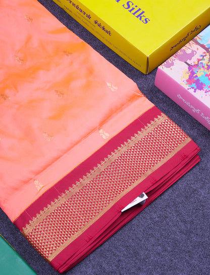 11 Yards Semi Silk Saree Pinkish Peach with Contrast Maroon Traditional Border