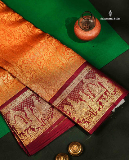Beautiful Rust Orange Bridal Pure Kanjivaram Silk Saree With Contrast Dark Maroon Traditional Pallaku Border