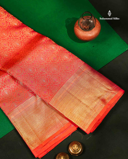 Beautiful Dual Tone Pinkish Orange Menakari Work Bridal Pure Kanjivaram Silk Saree With Traditional Border