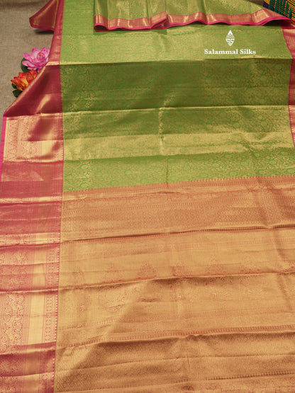 Light Elaichi Green Tissue Bridal Semi Silk Saree With Contrast Pink Border