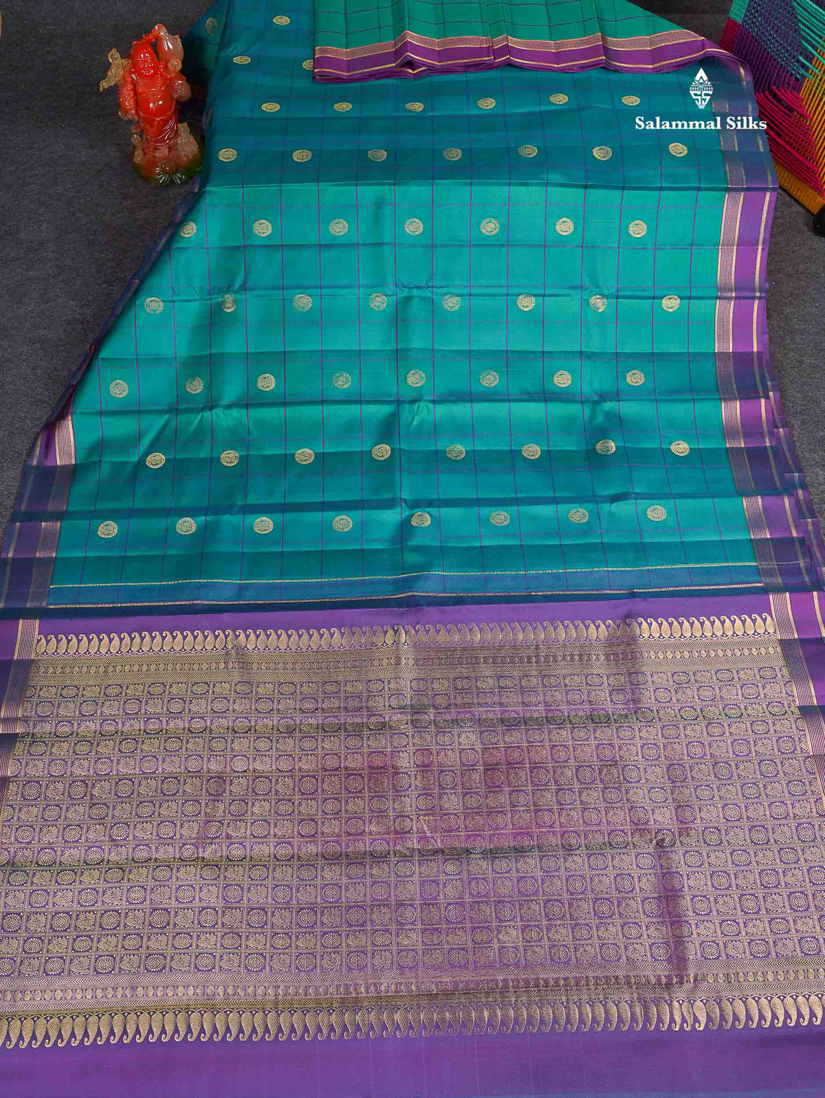 Pure Kanjivaram Silk Saree - Teal Green Colour Body Checks With Butta &  Purple Gap Border
