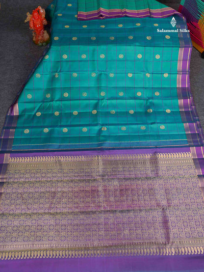 Pure Kanjivaram Silk Saree - Teal Green Colour Body Checks With Butta &  Purple Gap Border