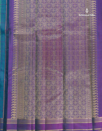 Pure Kanjivaram Silk Saree - Teal Green Colour Body Checks With Butta &  Purple Gap Border