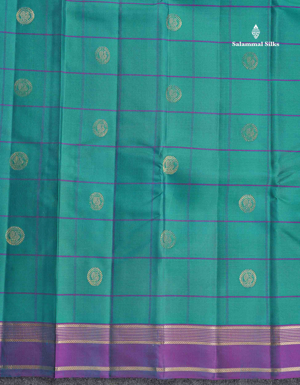 Pure Kanjivaram Silk Saree - Teal Green Colour Body Checks With Butta &  Purple Gap Border