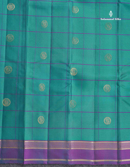 Pure Kanjivaram Silk Saree - Teal Green Colour Body Checks With Butta &  Purple Gap Border