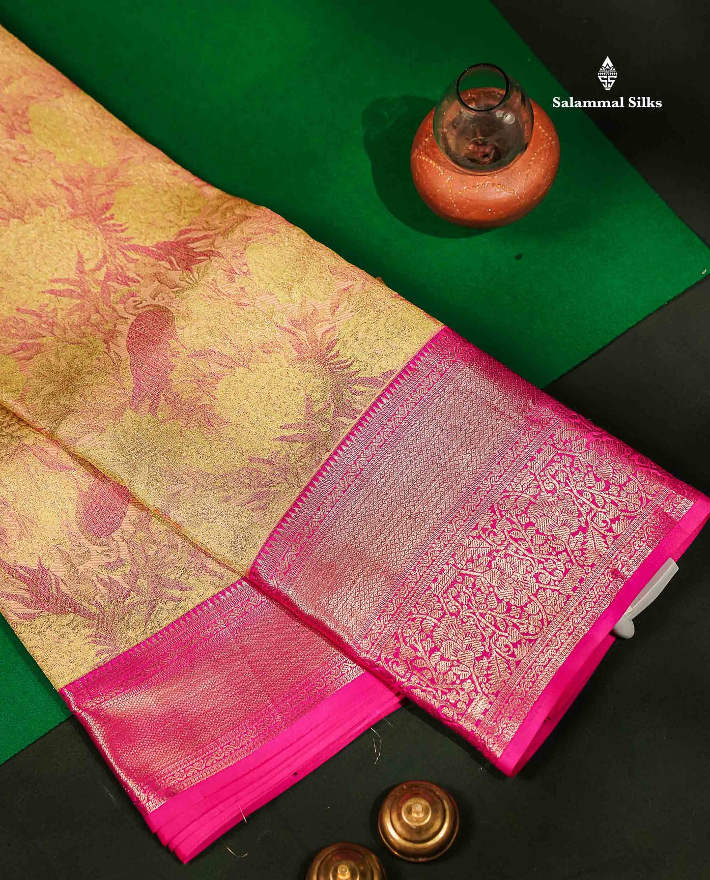 Beautiful Golden Yellow Bridal Pure Kanjivaram Silk Saree With Contrast Magenta Pink Border
