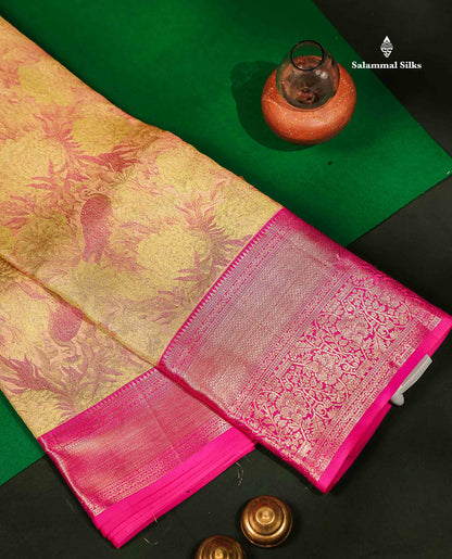 Beautiful Golden Yellow Bridal Pure Kanjivaram Silk Saree With Contrast Magenta Pink Border
