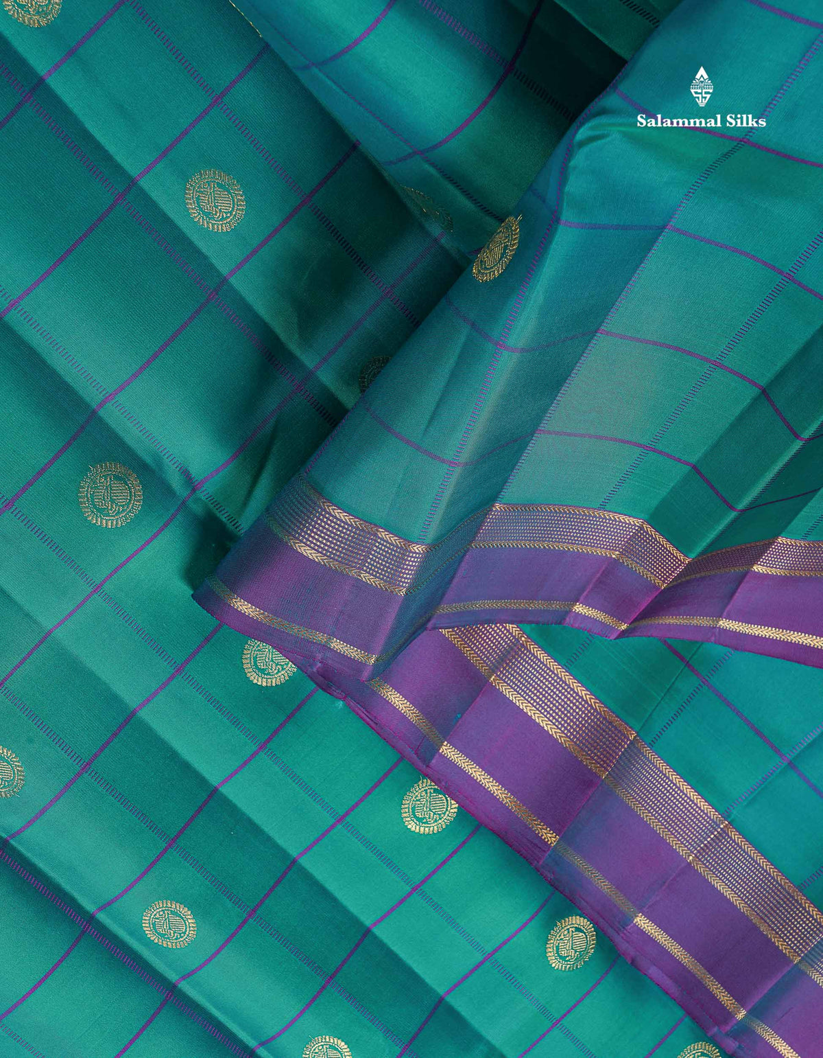 Pure Kanjivaram Silk Saree - Teal Green Colour Body Checks With Butta &  Purple Gap Border