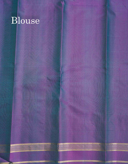 Pure Kanjivaram Silk Saree - Teal Green Colour Body Checks With Butta &  Purple Gap Border