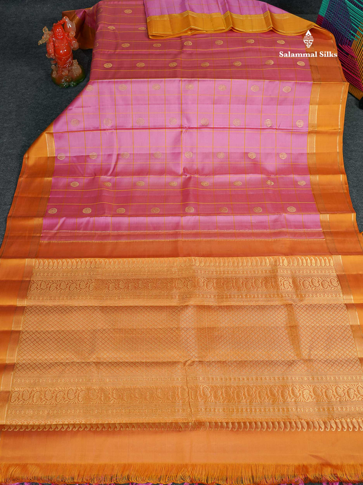Pure Kanjivaram Silk Saree - Light Pink Colour Body Checks With Butta & Mustard Yellow Gap Border 