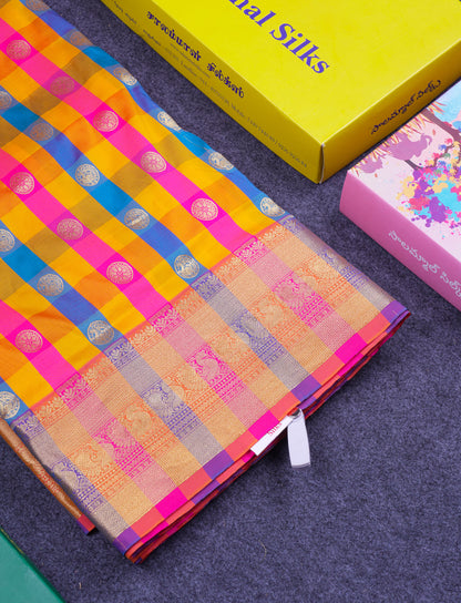 9.5 Yards Semi Silk Saree Paalum Pazham Checks With Traditional Border