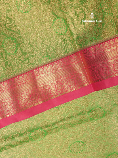 Light Elaichi Green Tissue Bridal Semi Silk Saree With Contrast Pink Border