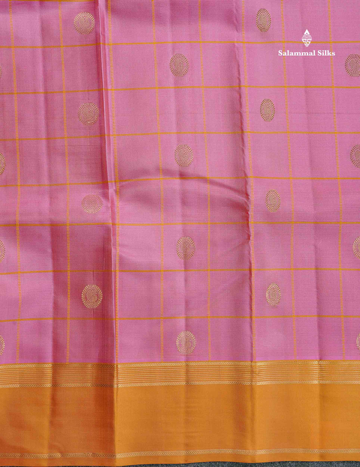 Pure Kanjivaram Silk Saree - Light Pink Colour Body Checks With Butta & Mustard Yellow Gap Border