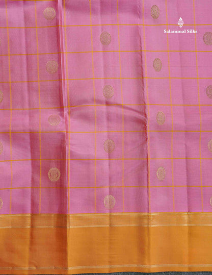 Pure Kanjivaram Silk Saree - Light Pink Colour Body Checks With Butta & Mustard Yellow Gap Border
