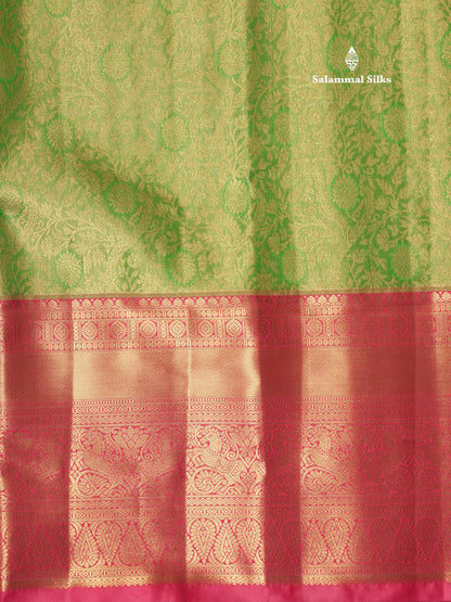 Light Elaichi Green Tissue Bridal Semi Silk Saree With Contrast Pink Border