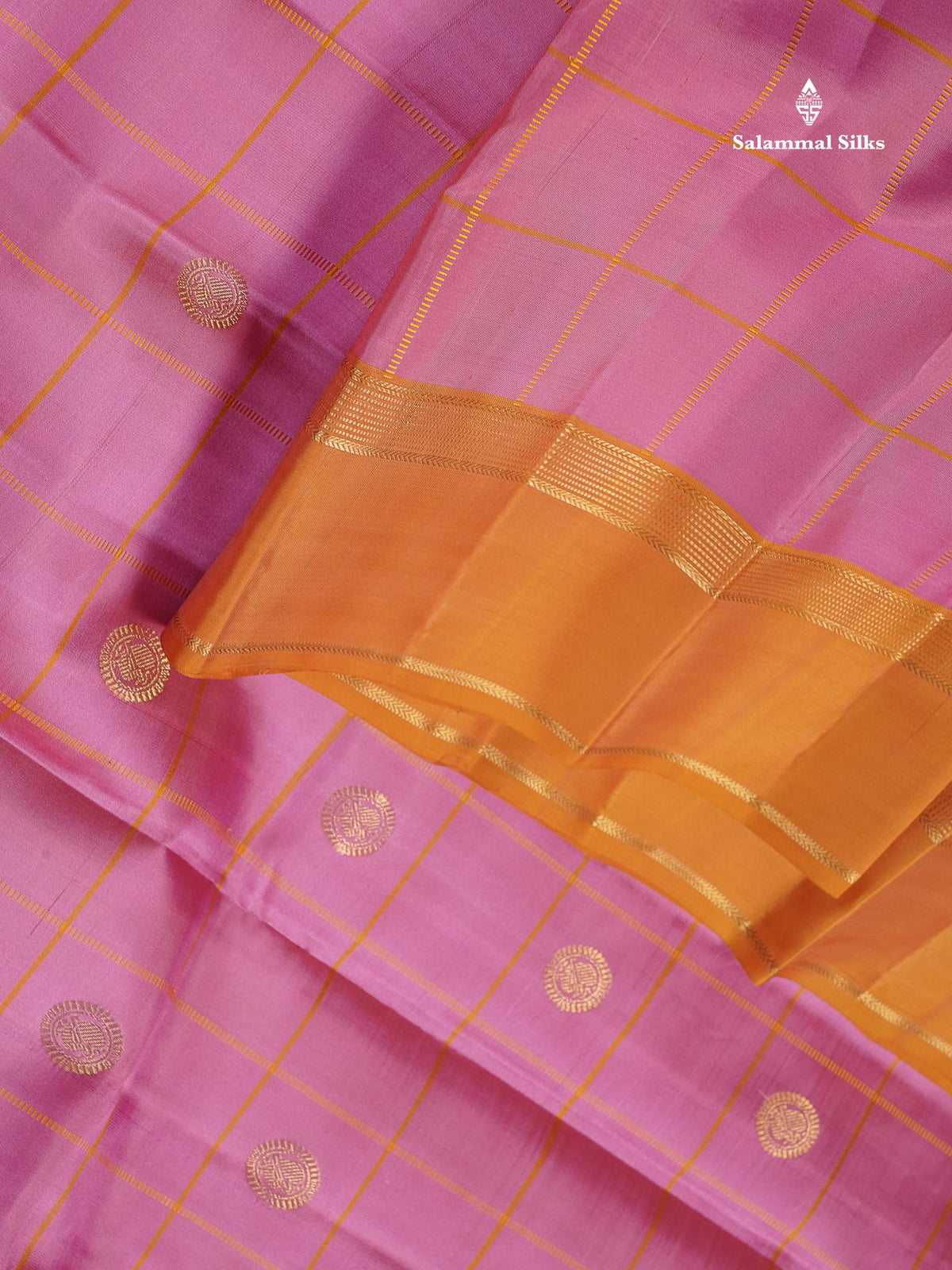 Pure Kanjivaram Silk Saree - Light Pink Colour Body Checks With Butta & Mustard Yellow Gap Border