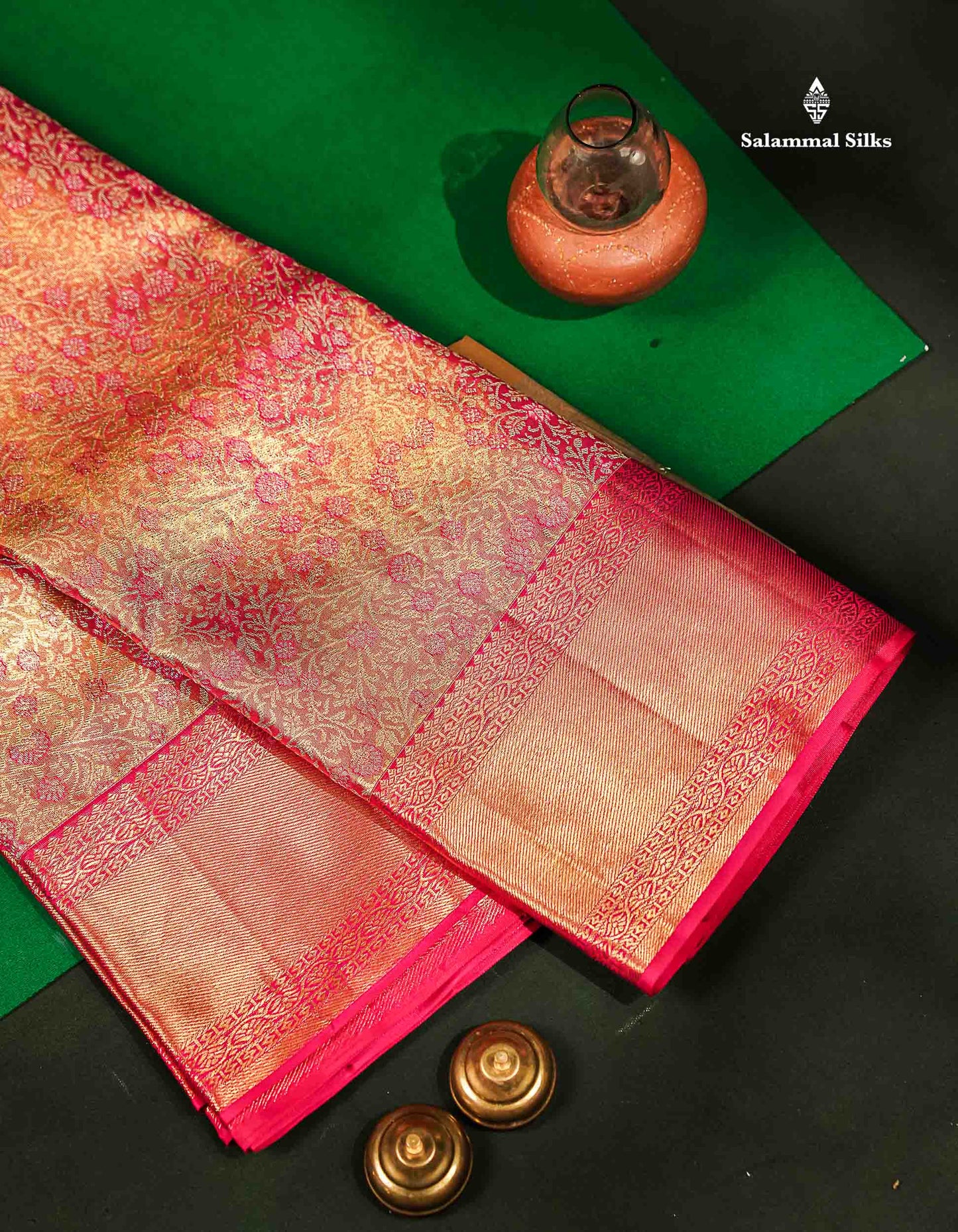 Beautiful Pink Tissue Bridal Pure Kanjivaram Silk Saree With Contrast Rani Pink Traditional Border