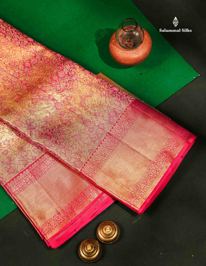 Beautiful Pink Tissue Bridal Pure Kanjivaram Silk Saree With Contrast Rani Pink Traditional Border