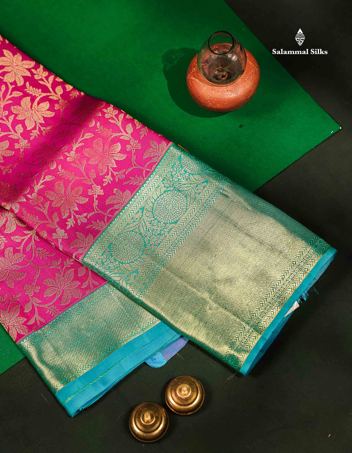 Beautiful Magenta Pink Bridal Pure Kanjivaram Silk Saree With Contrast Sapphire Blue Traditional Evening Morning Border
