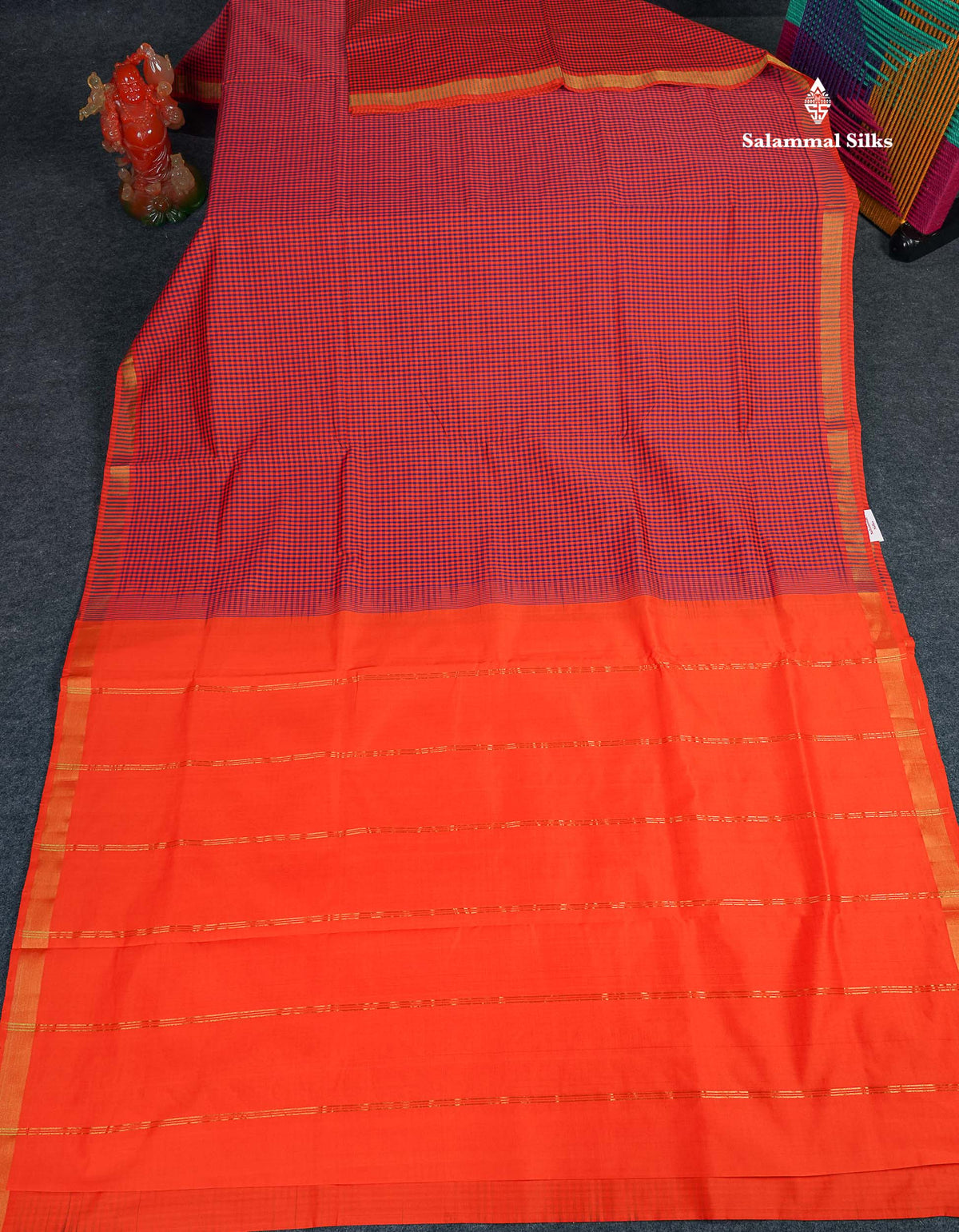 Semi Silk Cotton Saree - Navy Blue & Orange Colour Body With Tiny Checks & Small Ribbon Border 