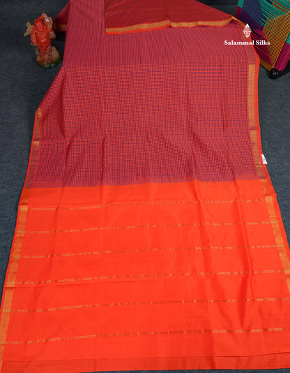 Semi Silk Cotton Saree - Navy Blue & Orange Colour Body With Tiny Checks & Small Ribbon Border 