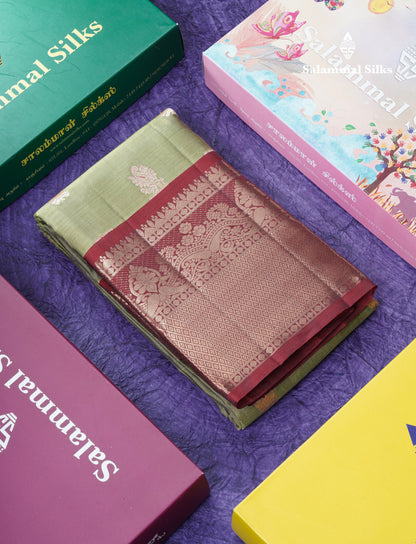 Olive Green Meenakari Work Puremix Silk Saree With Contrast Maroon Border