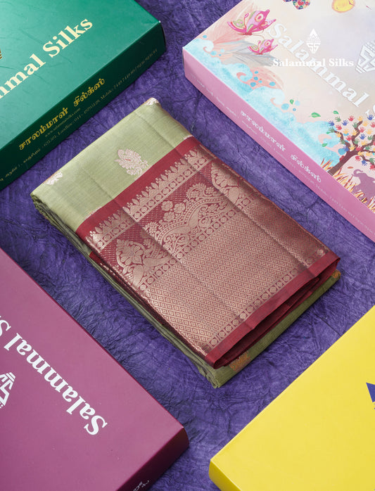 Olive Green Meenakari Work Puremix Silk Saree With Contrast Maroon Border