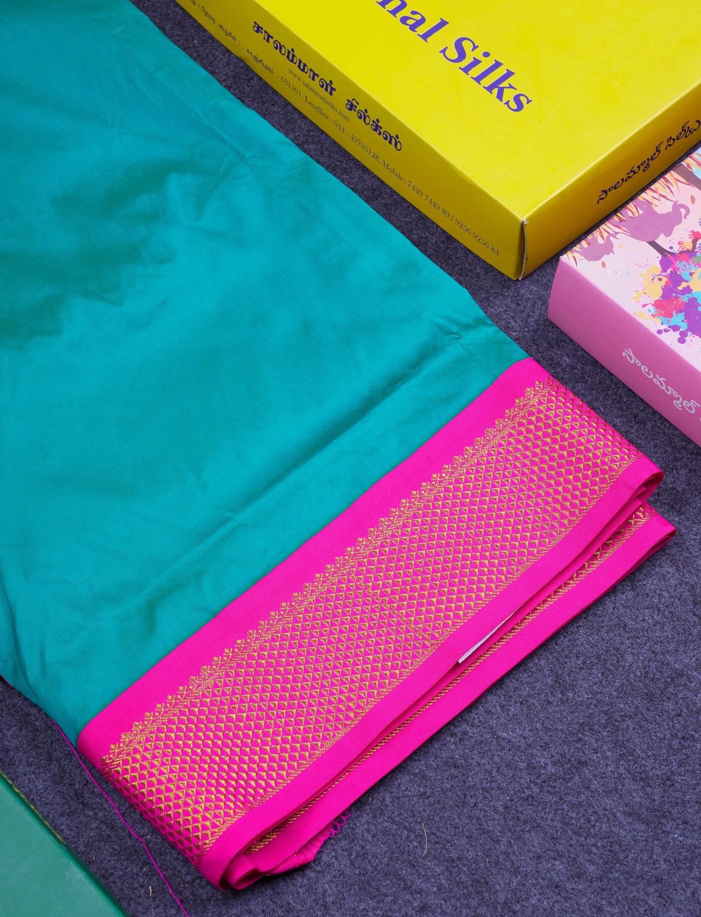 11 Yards Semi Silk Saree Peacock Blue with Contrast Pink Traditional Border