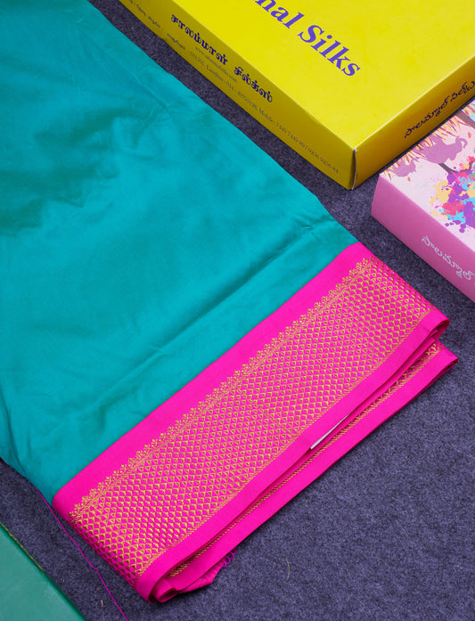 11 Yards Semi Silk Saree Peacock Blue with Contrast Pink Traditional Border