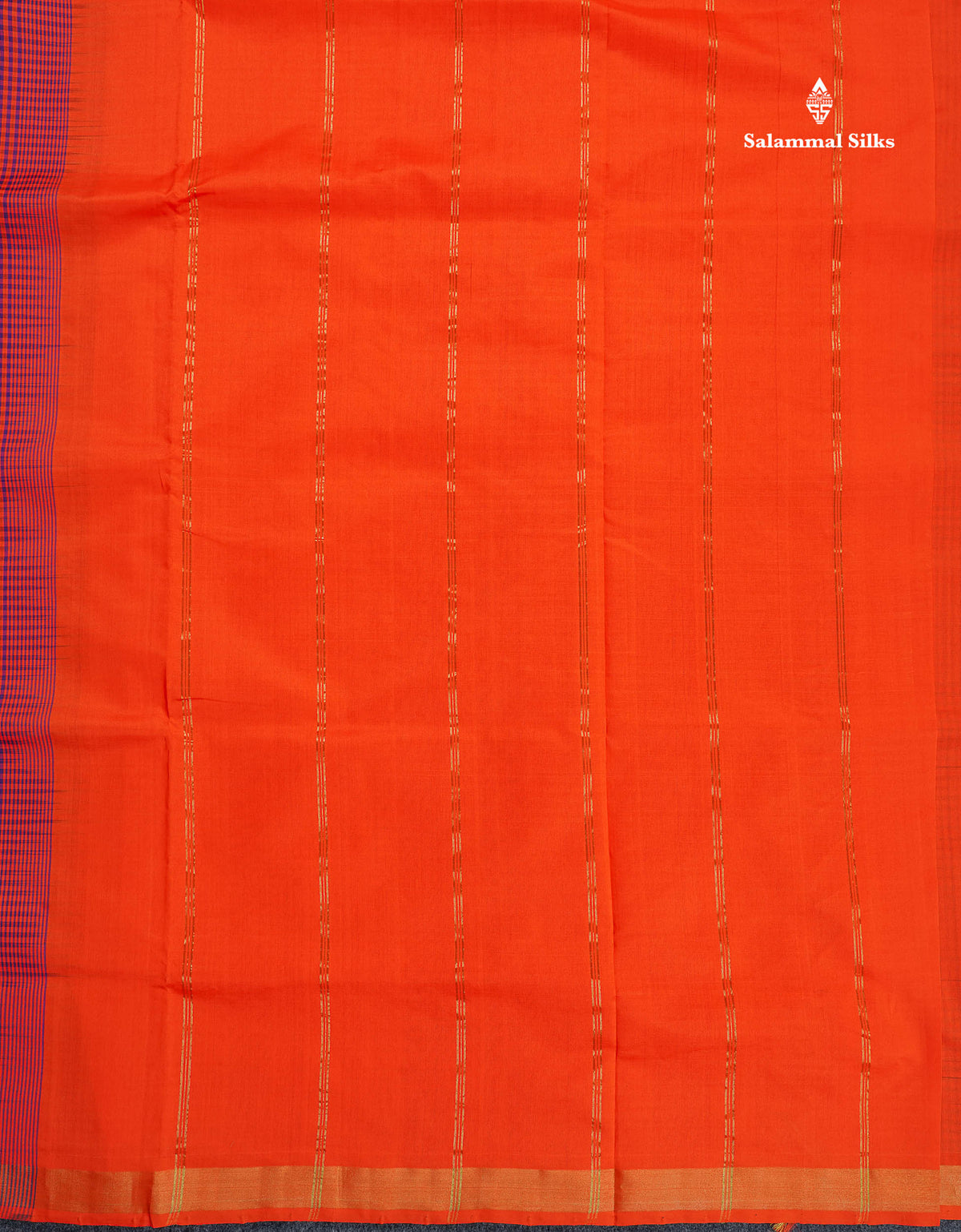Semi Silk Cotton Saree - Navy Blue & Orange Colour Body With Tiny Checks & Small Ribbon Border