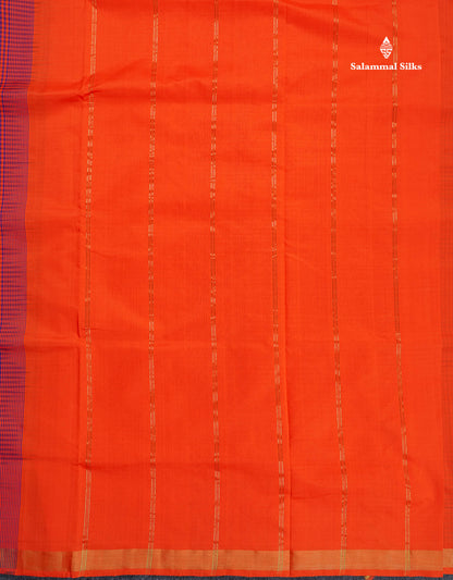 Semi Silk Cotton Saree - Navy Blue & Orange Colour Body With Tiny Checks & Small Ribbon Border