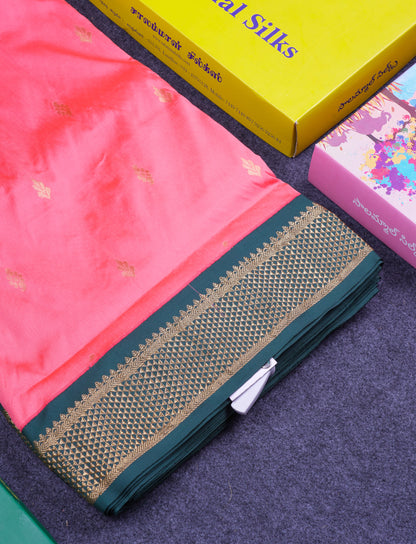 11 Yards Semi Silk Saree Dark Peach with Contrast Bottle Green Traditional Border