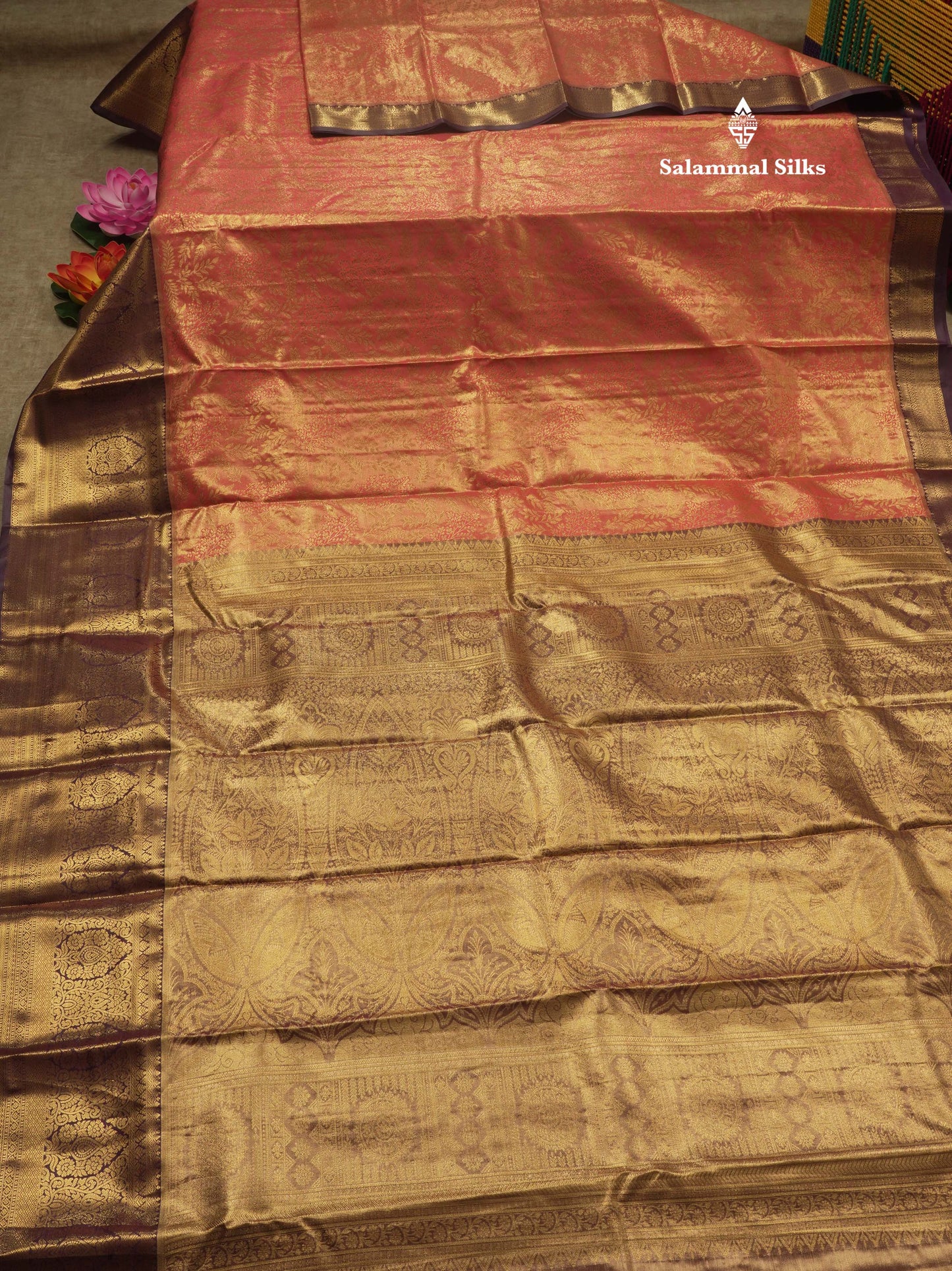 Light Brown Tissue Bridal Semi Silk Saree With Contrast Purple Border