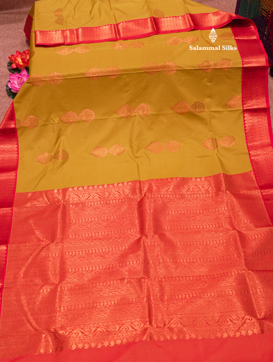 Mustard Yellow Colour Semi Silk Saree With Light Orange Border