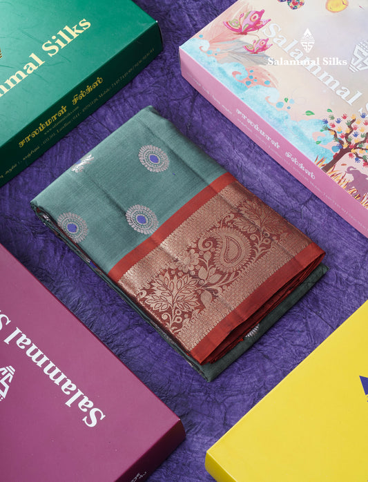 Green Shade Meenakari Work Puremix Silk Saree With Contrast Reddish Maroon Border