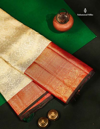 Beautiful Half White Bridal 2G Pure Kanjivaram Silk Saree With Contrast Red Traditional Evening Morning Border