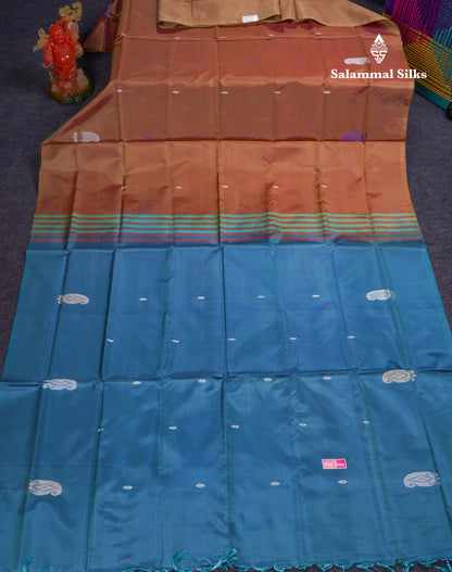 Brown Thread work Buttas Banana Pinth Saree (Vaazhainaar Pattu) With Contrast Ramar Blue Blouse