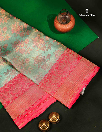 Beautiful Pastel Blue Bridal Pure Kanjivaram Silk Saree With Contrast Light Pink Traditional Border