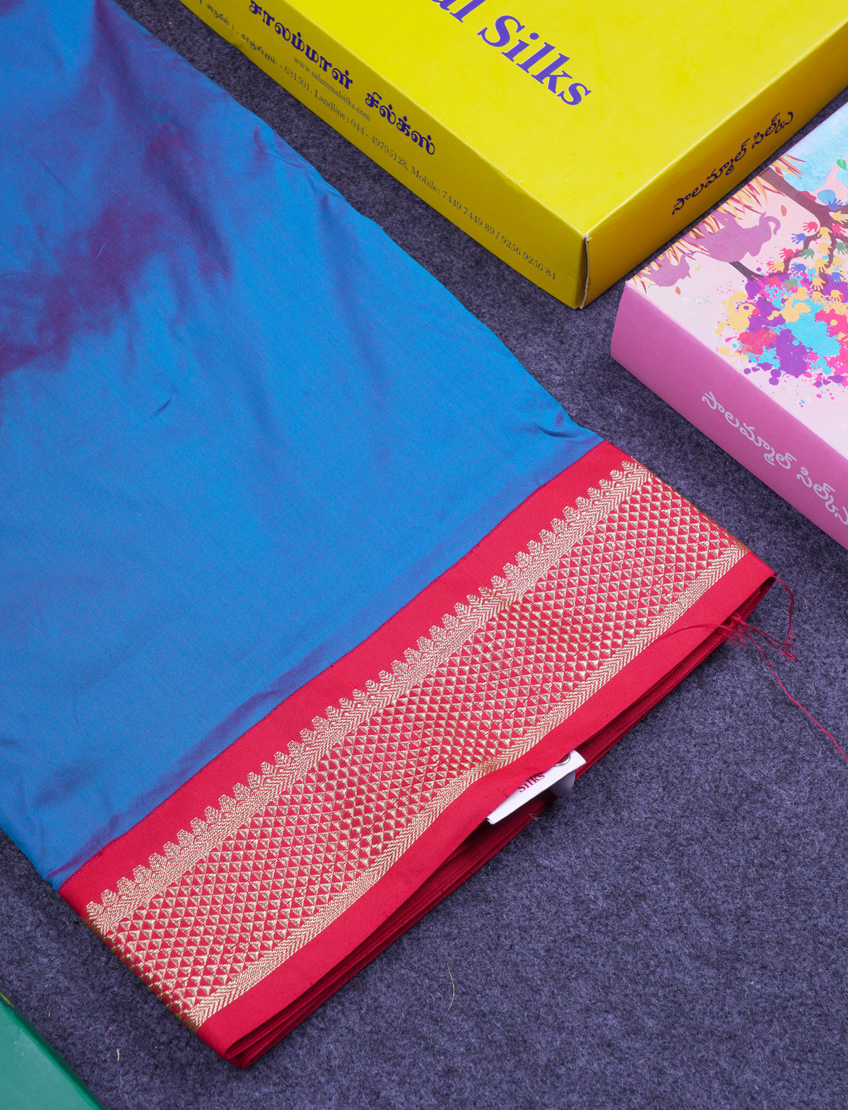 11 Yards Semi Silk Saree Dual Tone Peacock Blue with Contrast Maroon Traditional Border