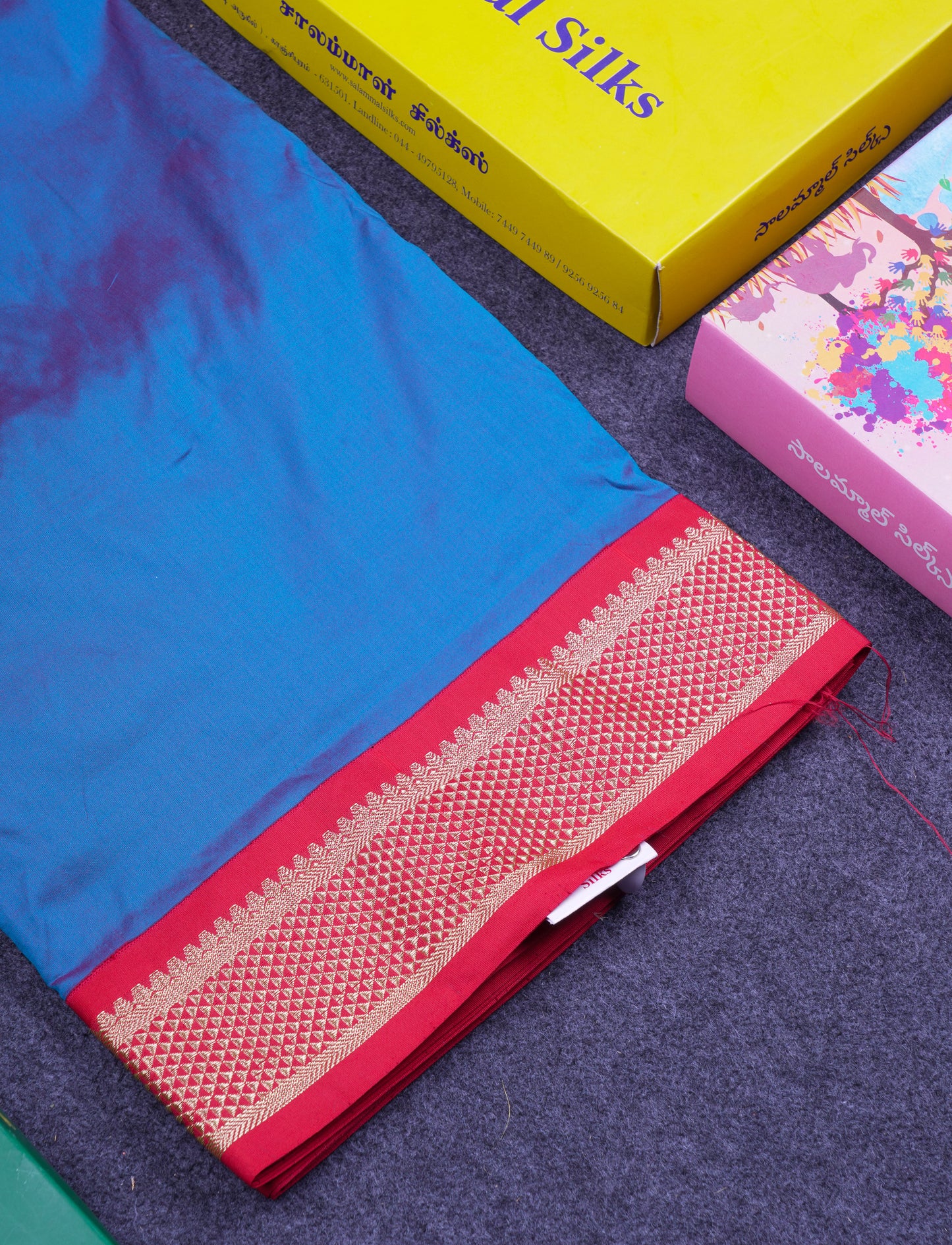 11 Yards Semi Silk Saree Dual Tone Peacock Blue with Contrast Maroon Traditional Border