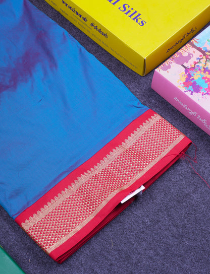 11 Yards Semi Silk Saree Dual Tone Peacock Blue with Contrast Maroon Traditional Border
