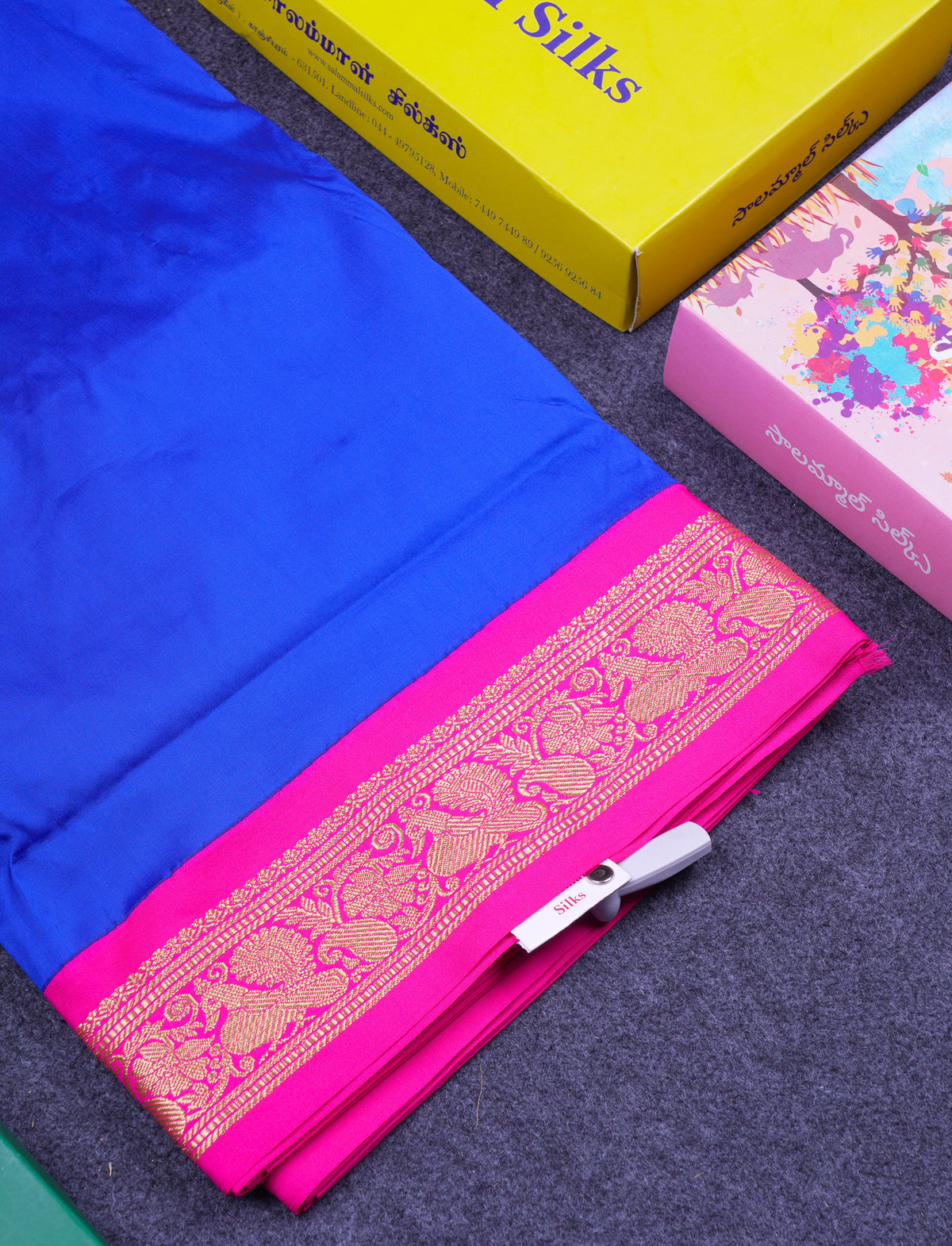 11 Yards Semi Silk Saree Royal Blue with Contrast Pink Traditional Border